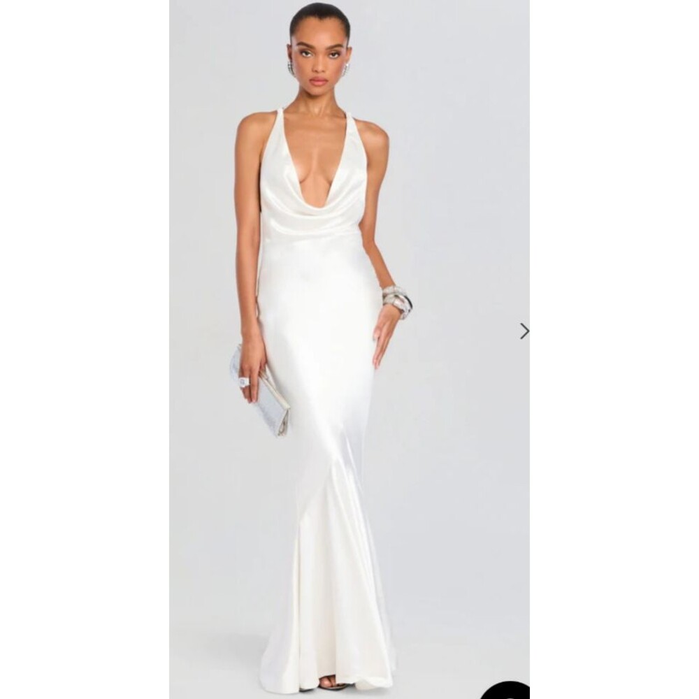 RETROFETE Eve Dress Ivory Satin Cowl Evening Gown Wedding Formal Mermaid Train S